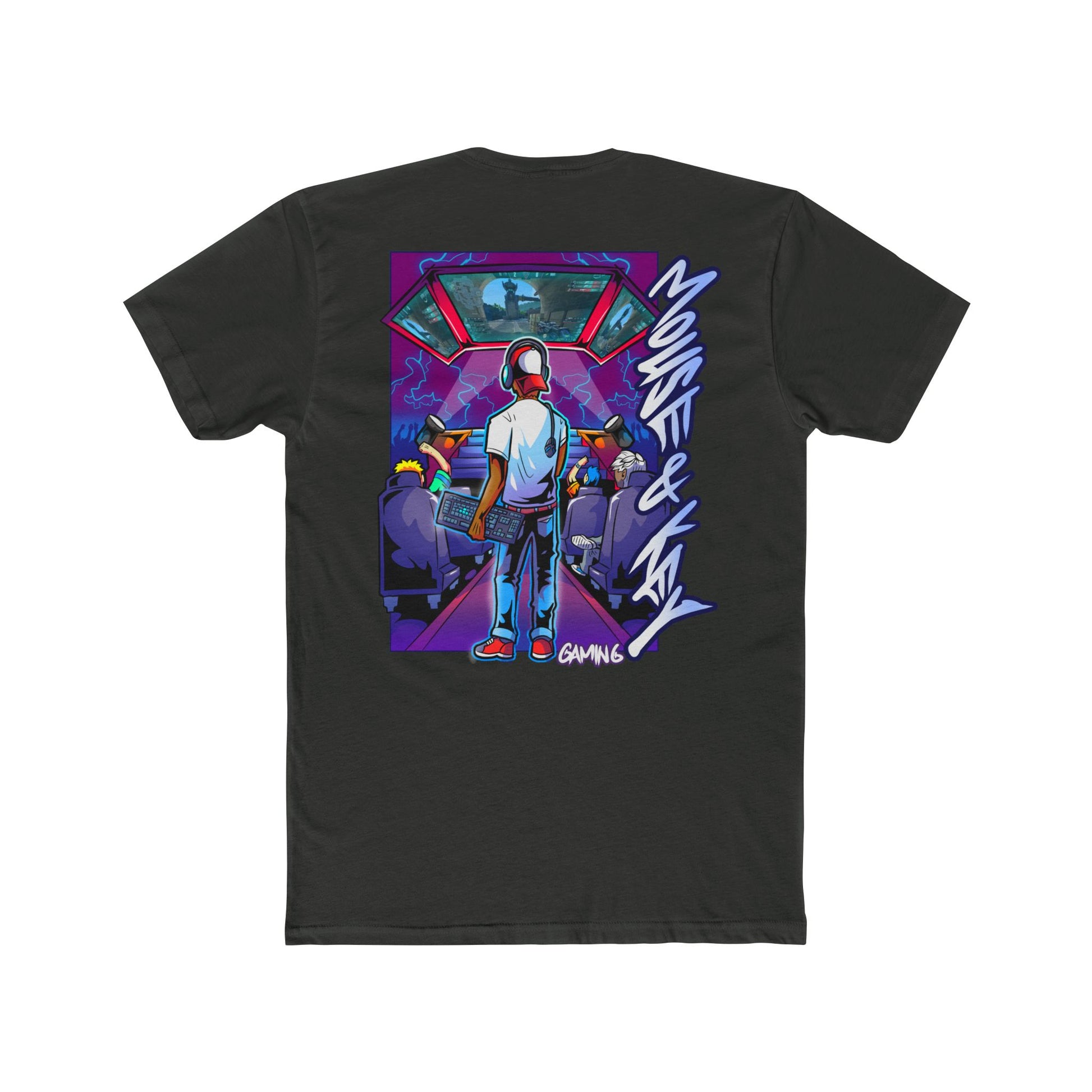 Back of heavy metal Mouse & Key LAN gaming t-shirt featuring retro LAN party gamer graphic artwork