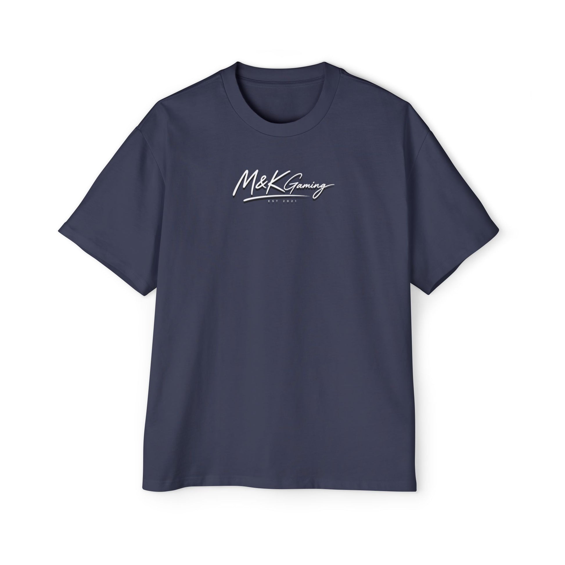 Midnight Blue oversized Mouse & Key gaming t-shirt with minimalist white M&K signature logo design