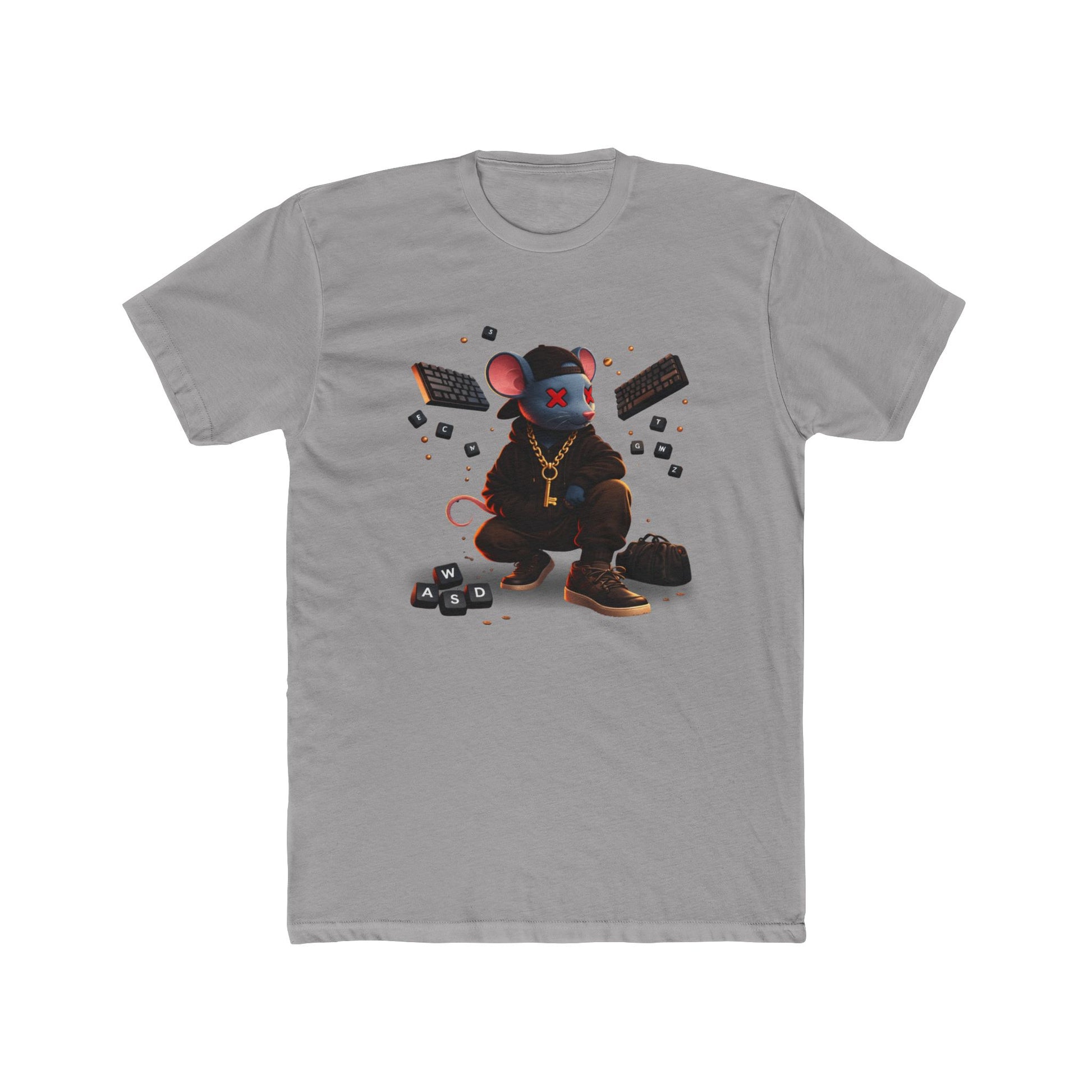 Front of light grey Mouse Streetwear gaming t-shirt featuring mouse character graphic with WASD keys and keyboard artwork
