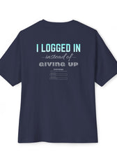 Back of Navy gaming mental health awareness shirt featuring “I Logged In Instead of Giving Up” graphic from Mouse & Key