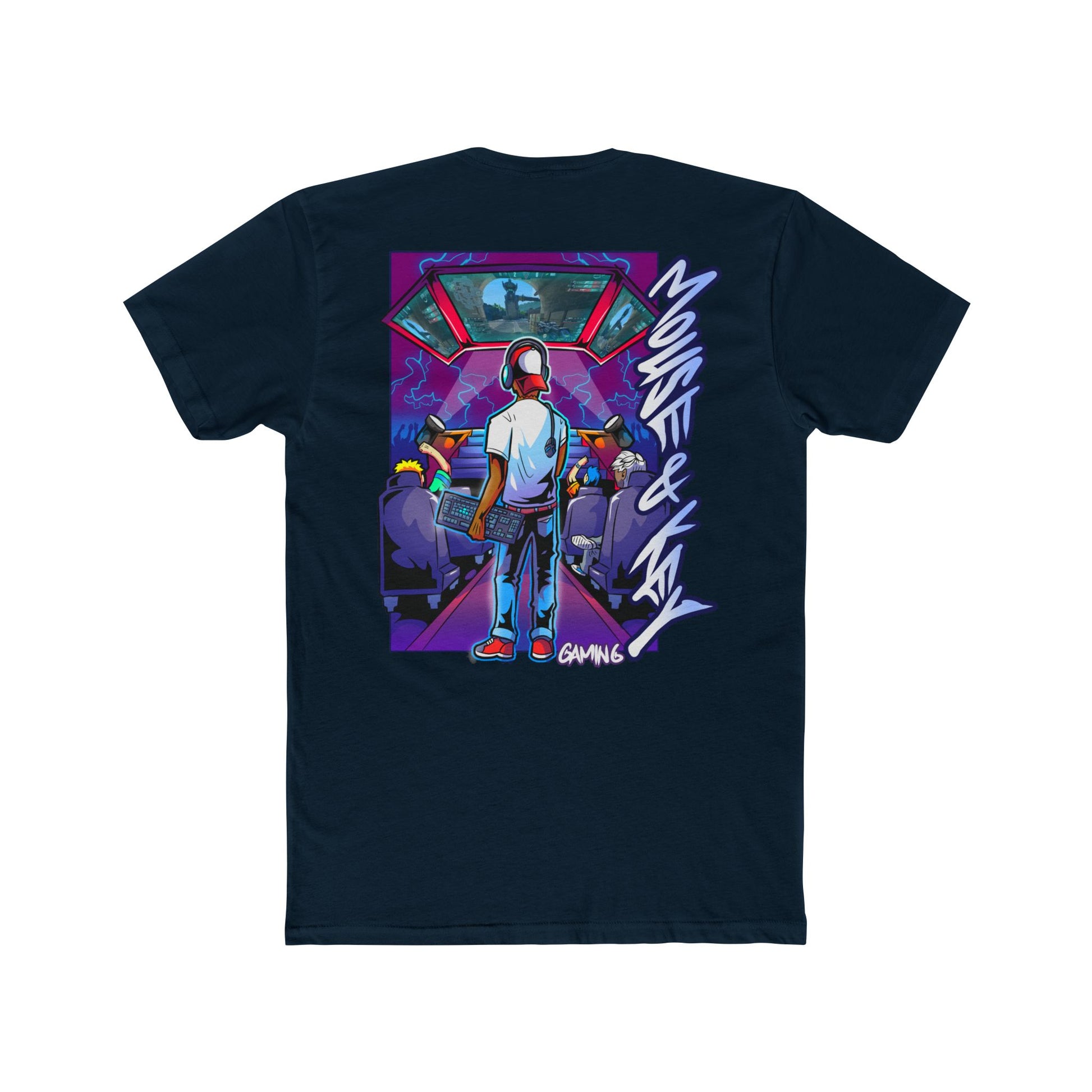 Back of midnight navy Mouse & Key LAN gaming t-shirt featuring retro LAN party gamer graphic artwork