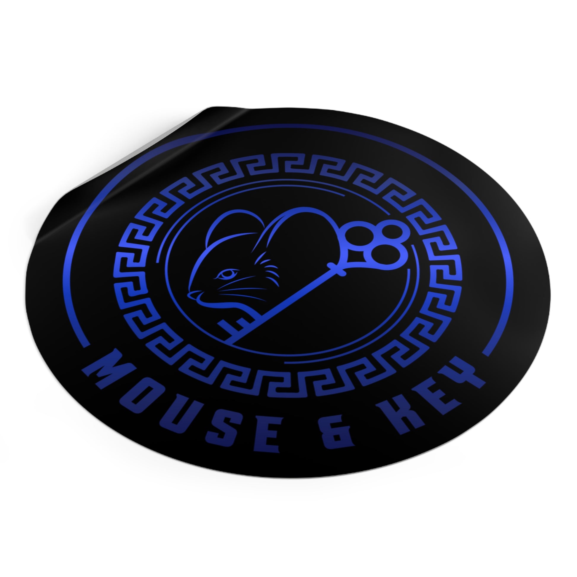 Autocollant rond en vinyle souris et clé — Emblème bleu