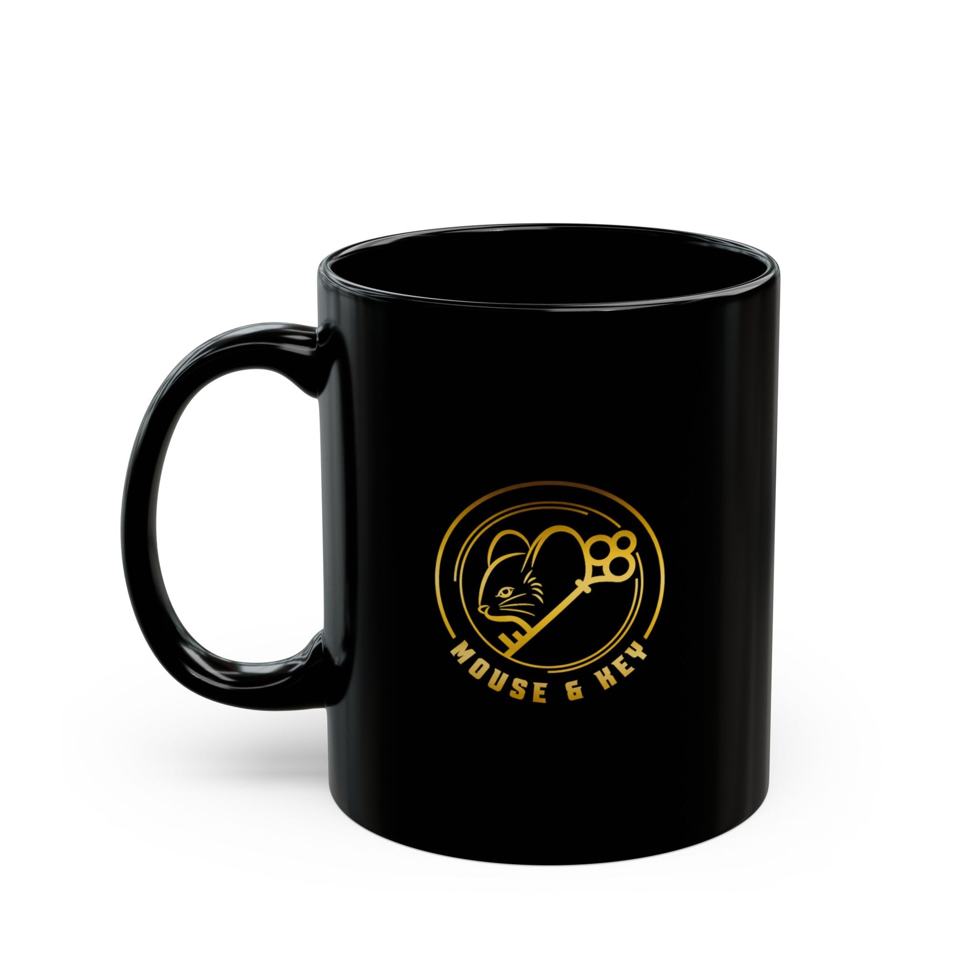 Mouse & Me Black Ceramic Mug (11oz/15oz) – Gold Logo Coffee Cup