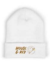 White embroidered Mouse & Key gaming beanie with minimalist mouse logo design