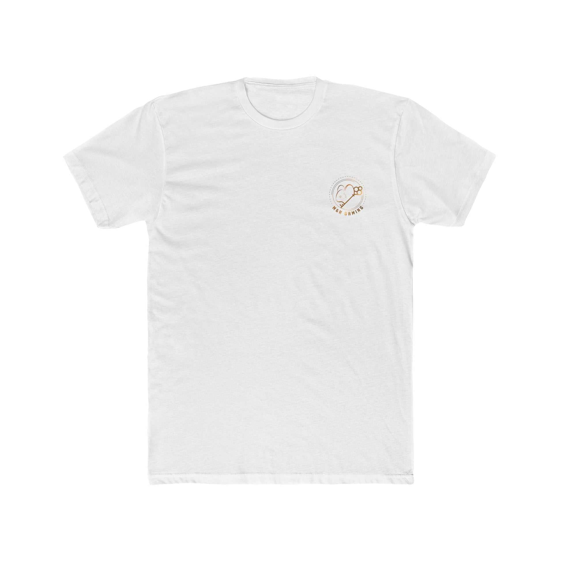 Front of white Mouse & Key LAN gaming t-shirt featuring minimalist M & K Gaming chest logo design