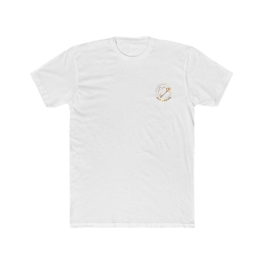 Front of white Mouse & Key LAN gaming t-shirt featuring minimalist M & K Gaming chest logo design