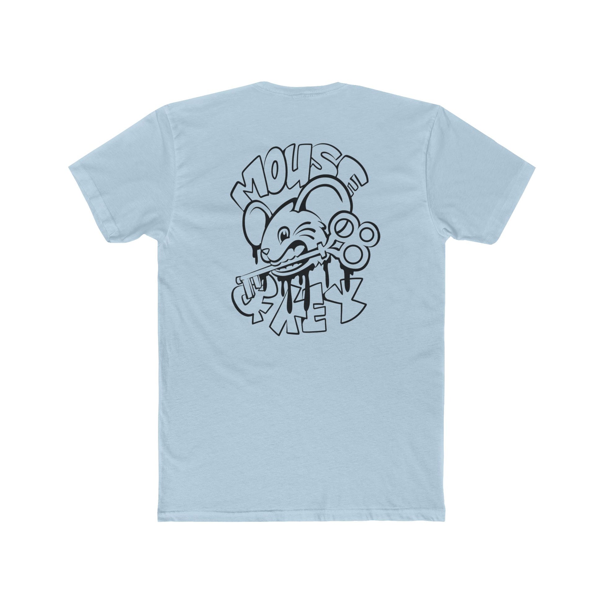 Back of light blue Mouse & Key bDrip gaming shirt featuring black graffiti-style mouse graphic design