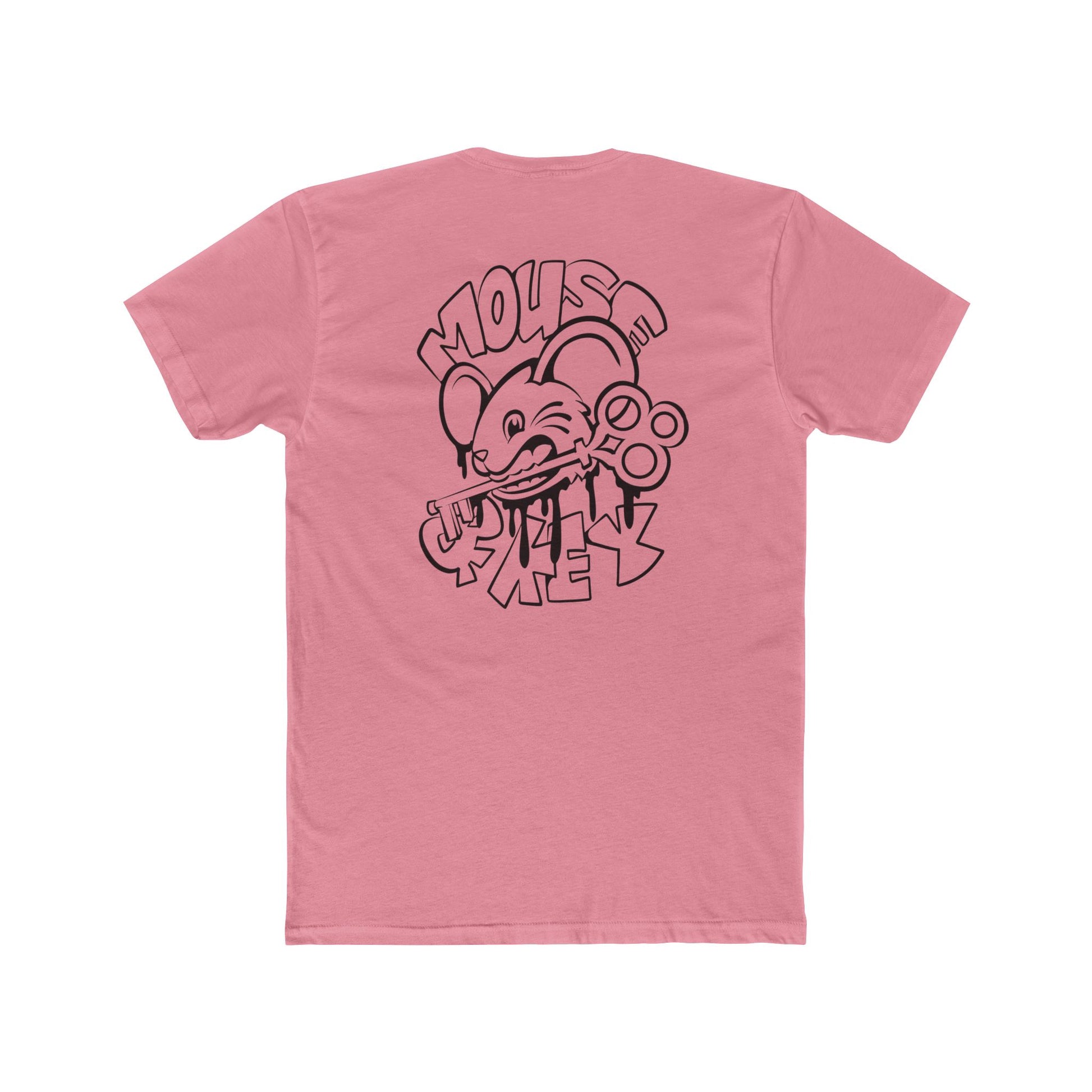 Back of light pink Mouse & Key bDrip gaming shirt featuring black graffiti-style mouse graphic design