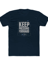 Front of Midnight Navy mental health awareness gaming shirt featuring “Keep Pressing Forward” graphic from the Mouse & Key Still Here Collection