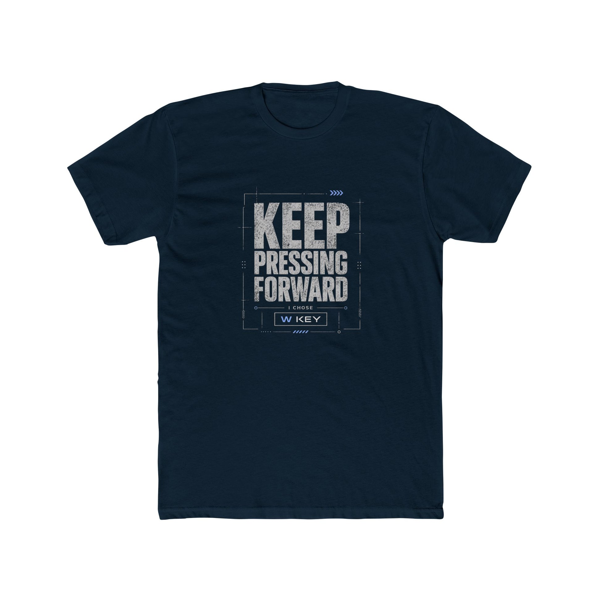 Front of Midnight Navy mental health awareness gaming shirt featuring “Keep Pressing Forward” graphic from the Mouse & Key Still Here Collection