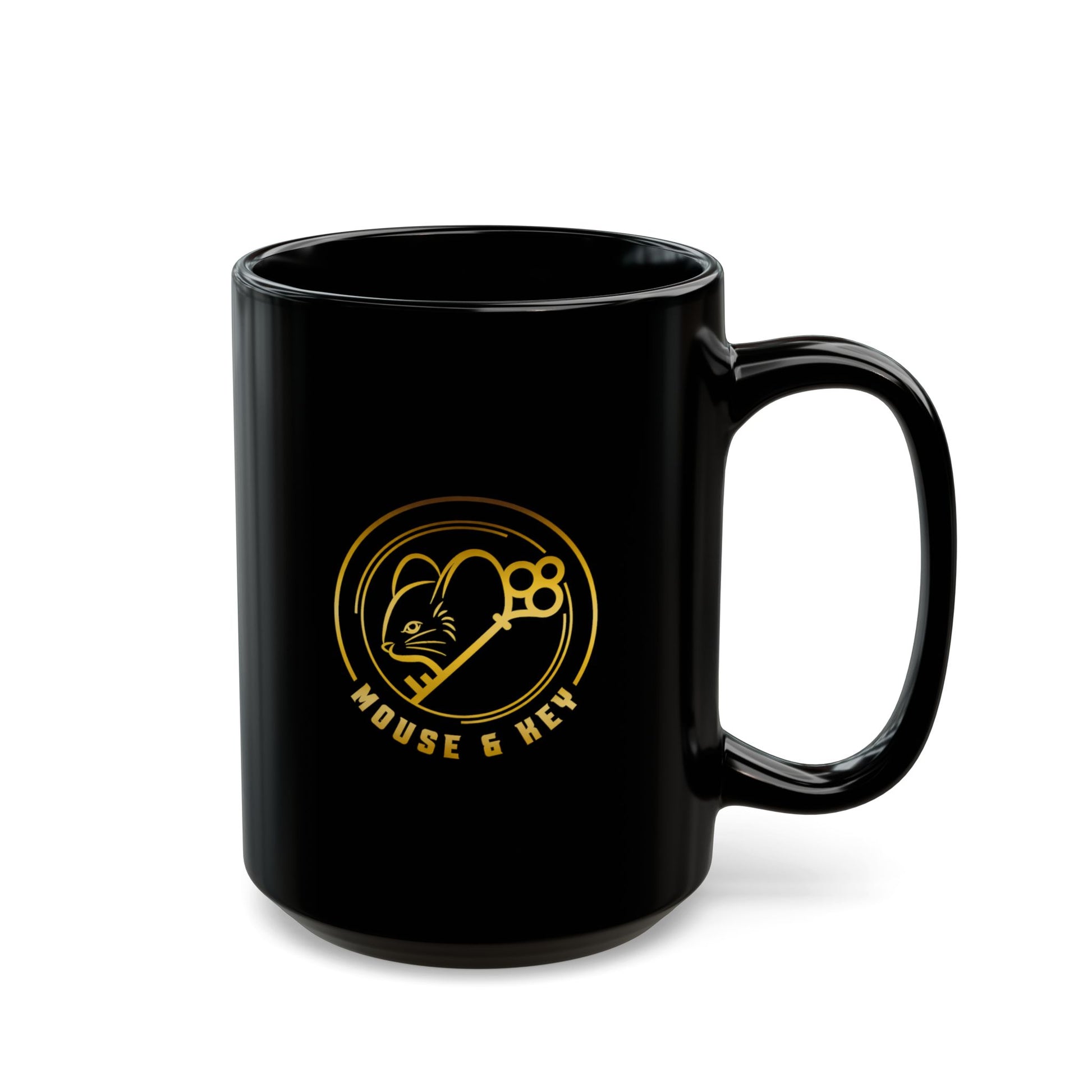 Mouse & Me Black Ceramic Mug (11oz/15oz) – Gold Logo Coffee Cup