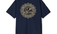 Back of Navy Mouse & Key Mandala oversized tee featuring intricate mandala mouse logo graphic design