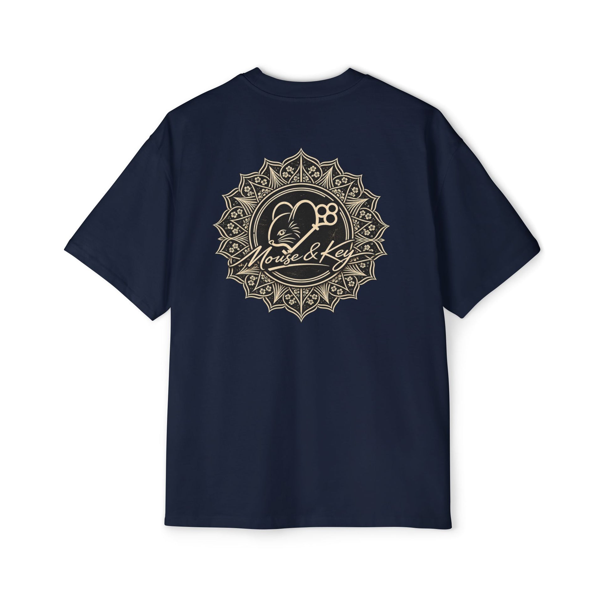 Back of Navy Mouse & Key Mandala oversized tee featuring intricate mandala mouse logo graphic design