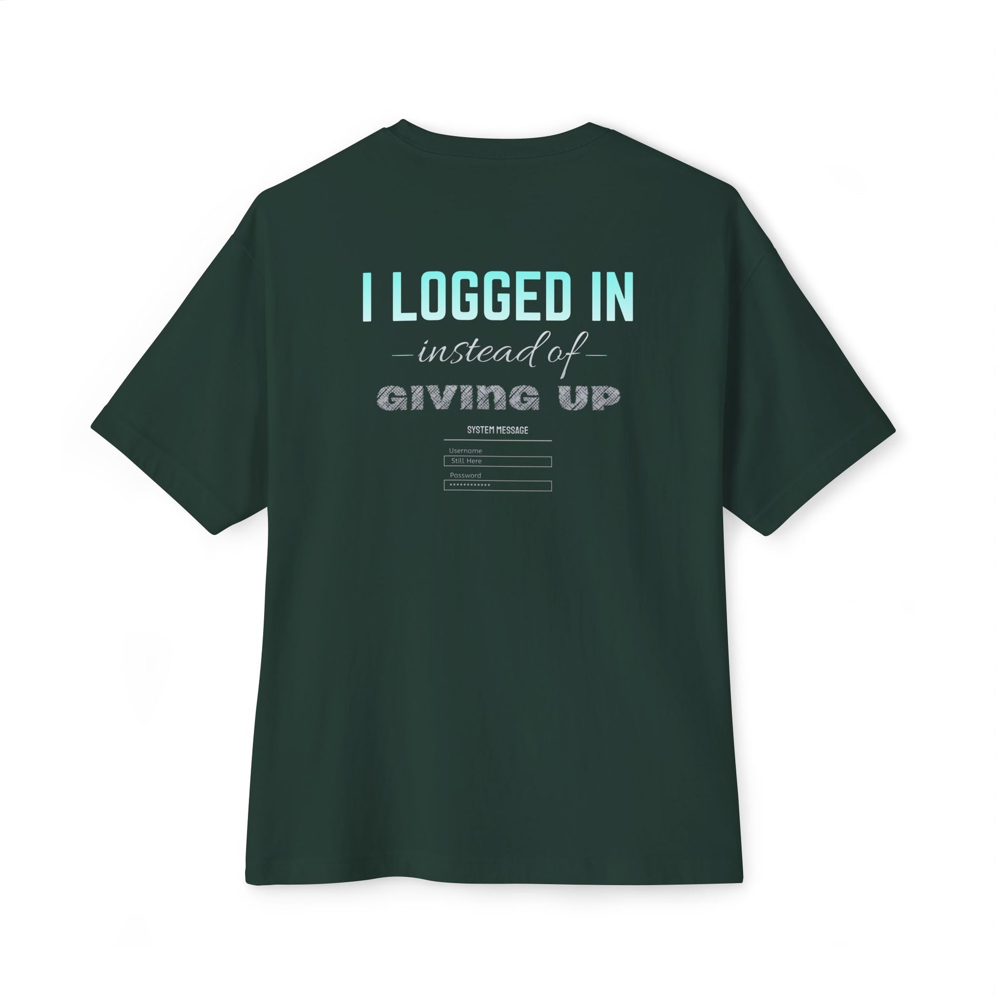 Back of Forest gaming mental health awareness shirt featuring “I Logged In Instead of Giving Up” graphic from Mouse & Key