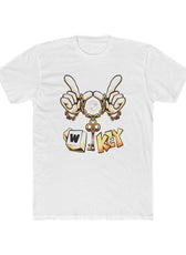 Front of white W-Key gaming t-shirt symbolizing moving forward in gaming and life