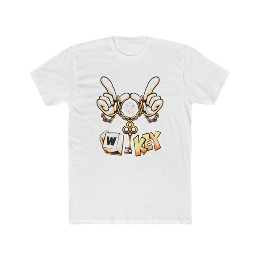 Front of white W-Key gaming t-shirt symbolizing moving forward in gaming and life