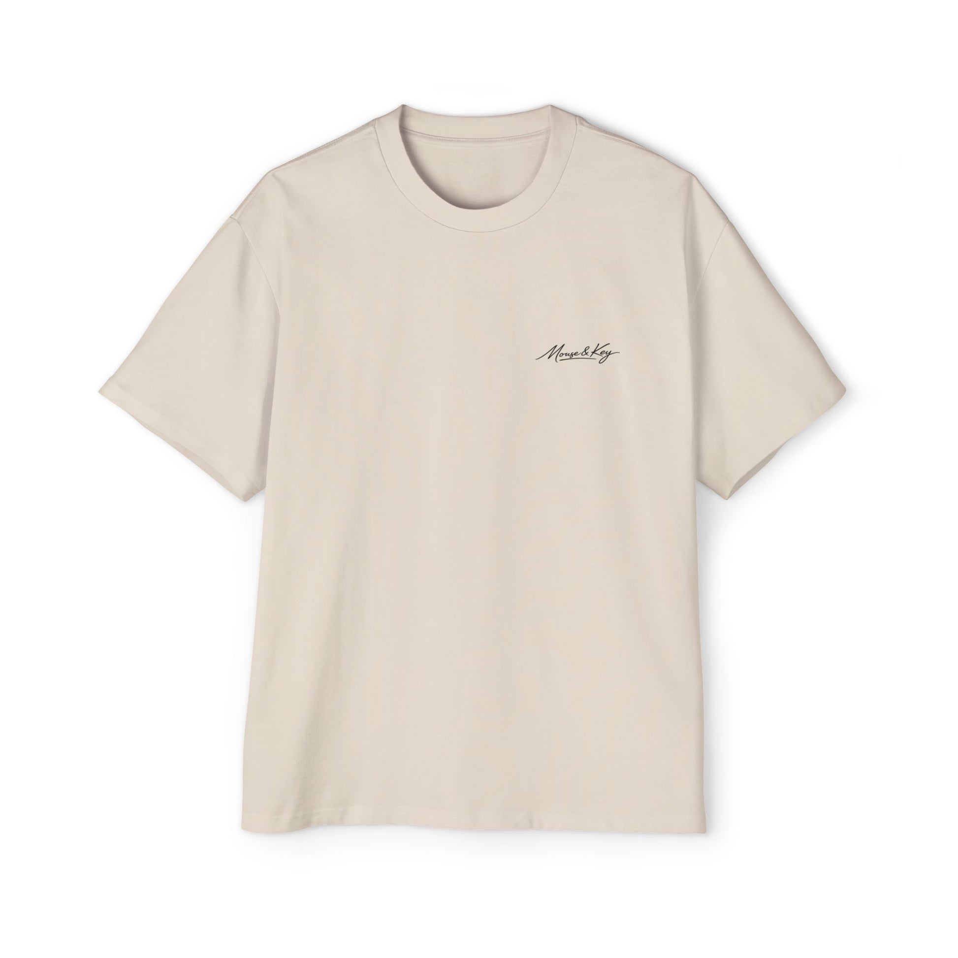 Front of Ecru Mouse & Key Mandala oversized tee featuring intricate mandala mouse logo graphic design