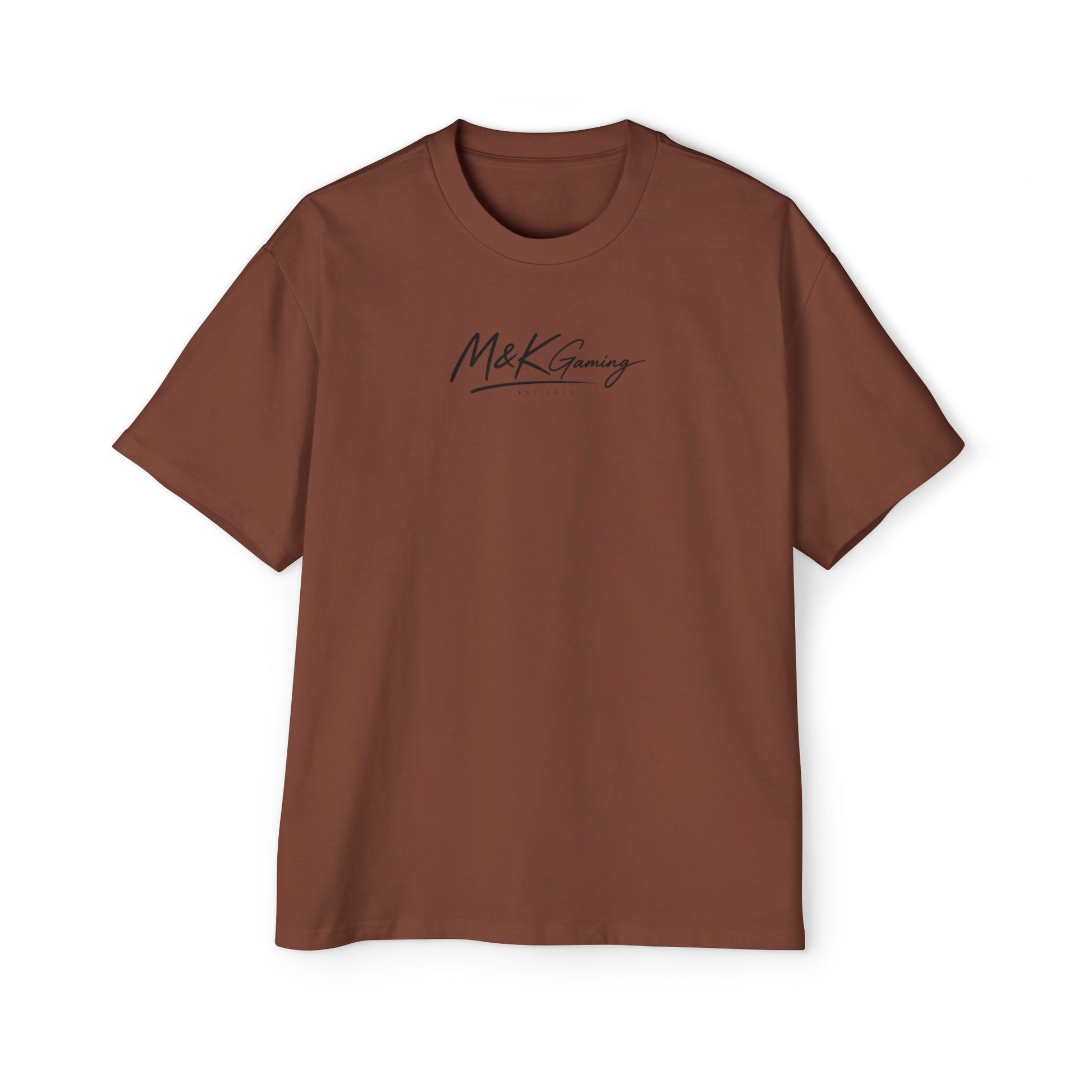 Copper oversized Mouse & Key gaming t-shirt with minimalist white M&K signature logo design
