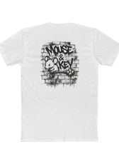 Back of white Mouse & Key Graffiti Tee featuring black graffiti-style mouse and brick wall graphic design