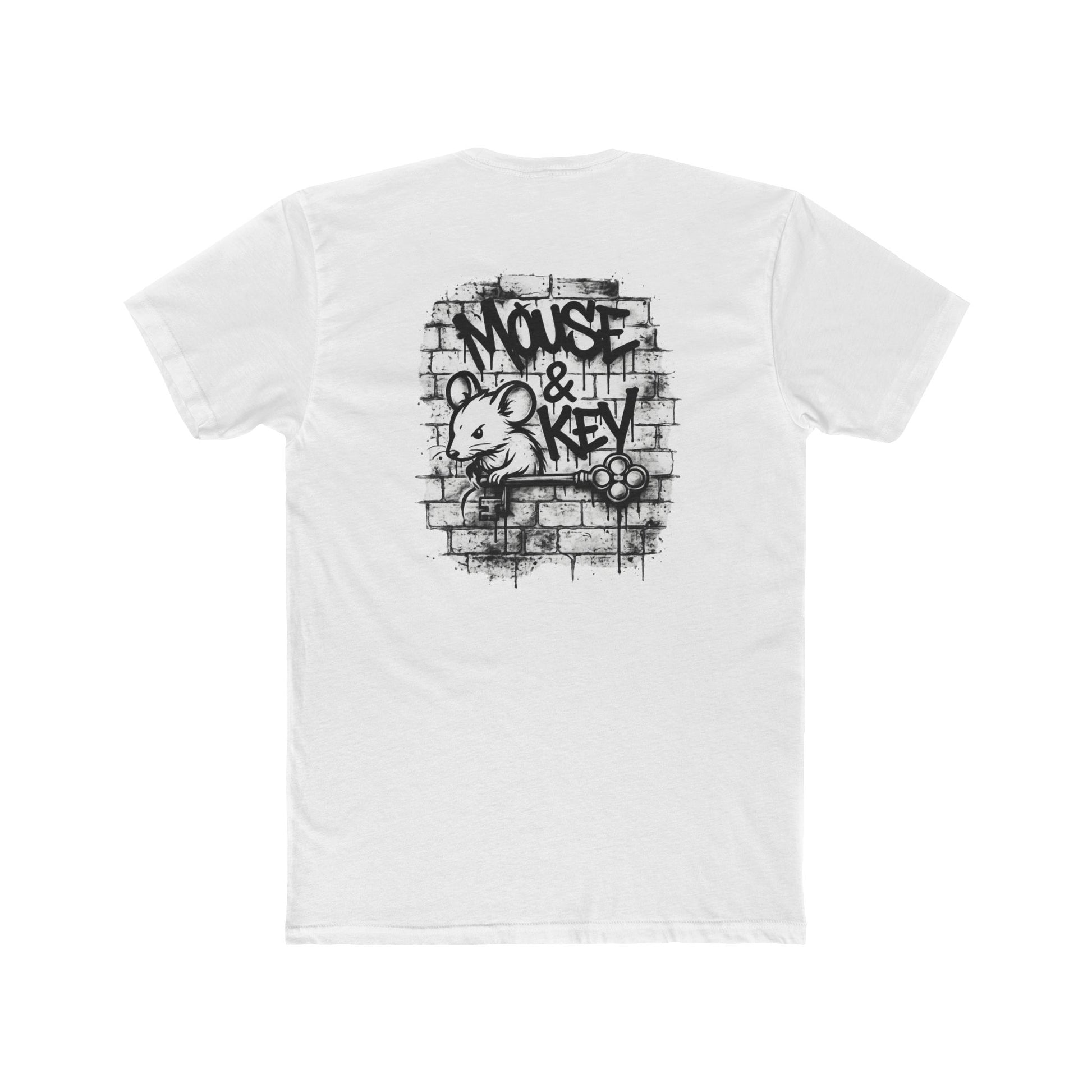 Back of white Mouse & Key Graffiti Tee featuring black graffiti-style mouse and brick wall graphic design