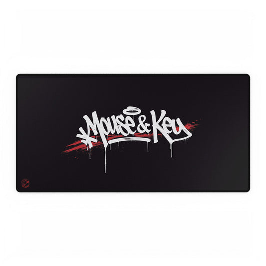 Wide black Mouse & Key graffiti logo gaming desk mat with red brushstroke accent design