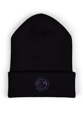 Black embroidered Mouse & Key Blue Emblem gaming beanie with minimalist circular logo design