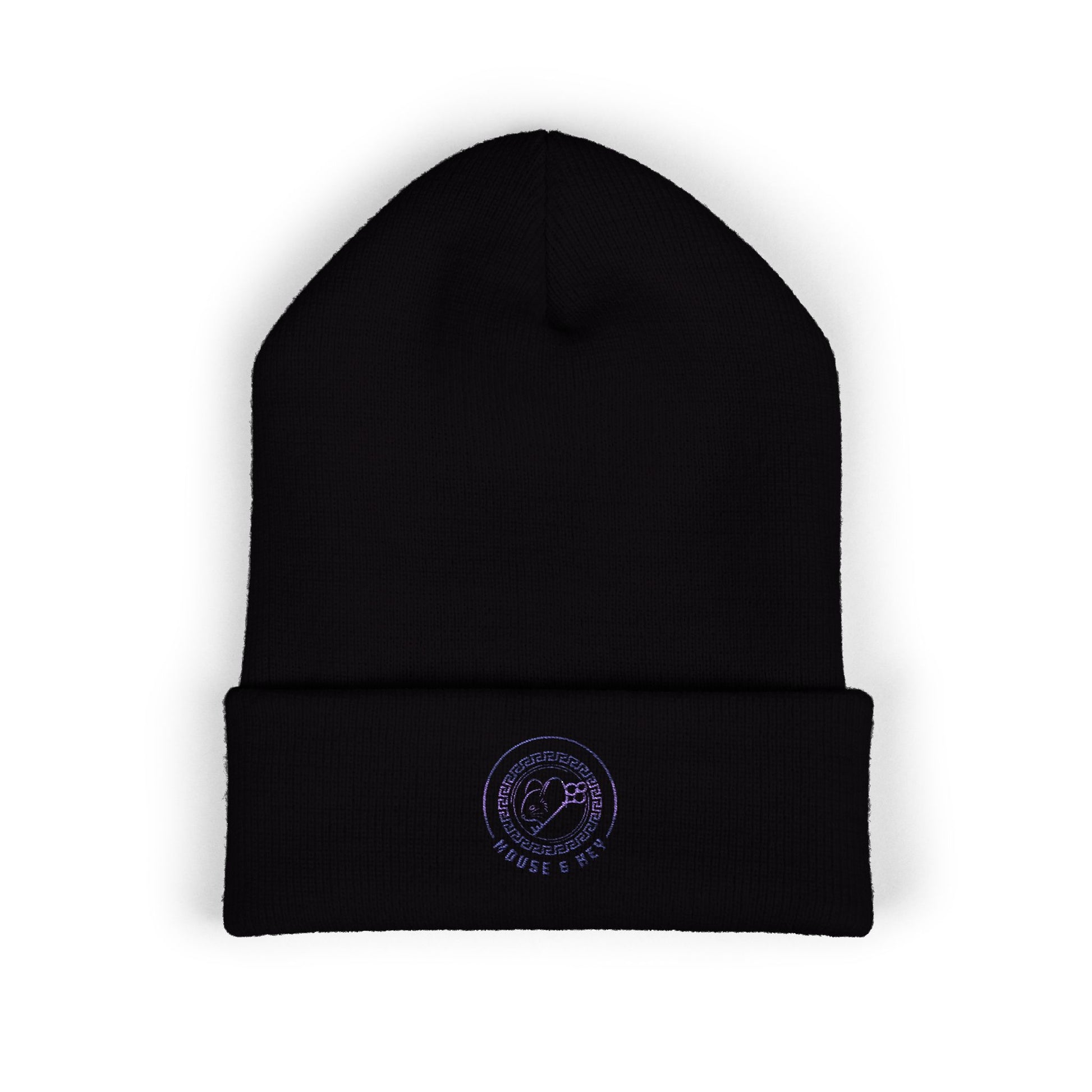 Black embroidered Mouse & Key Blue Emblem gaming beanie with minimalist circular logo design