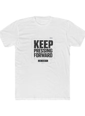 Front of White mental health awareness gaming shirt featuring “Keep Pressing Forward” graphic from the Mouse & Key Still Here Collection