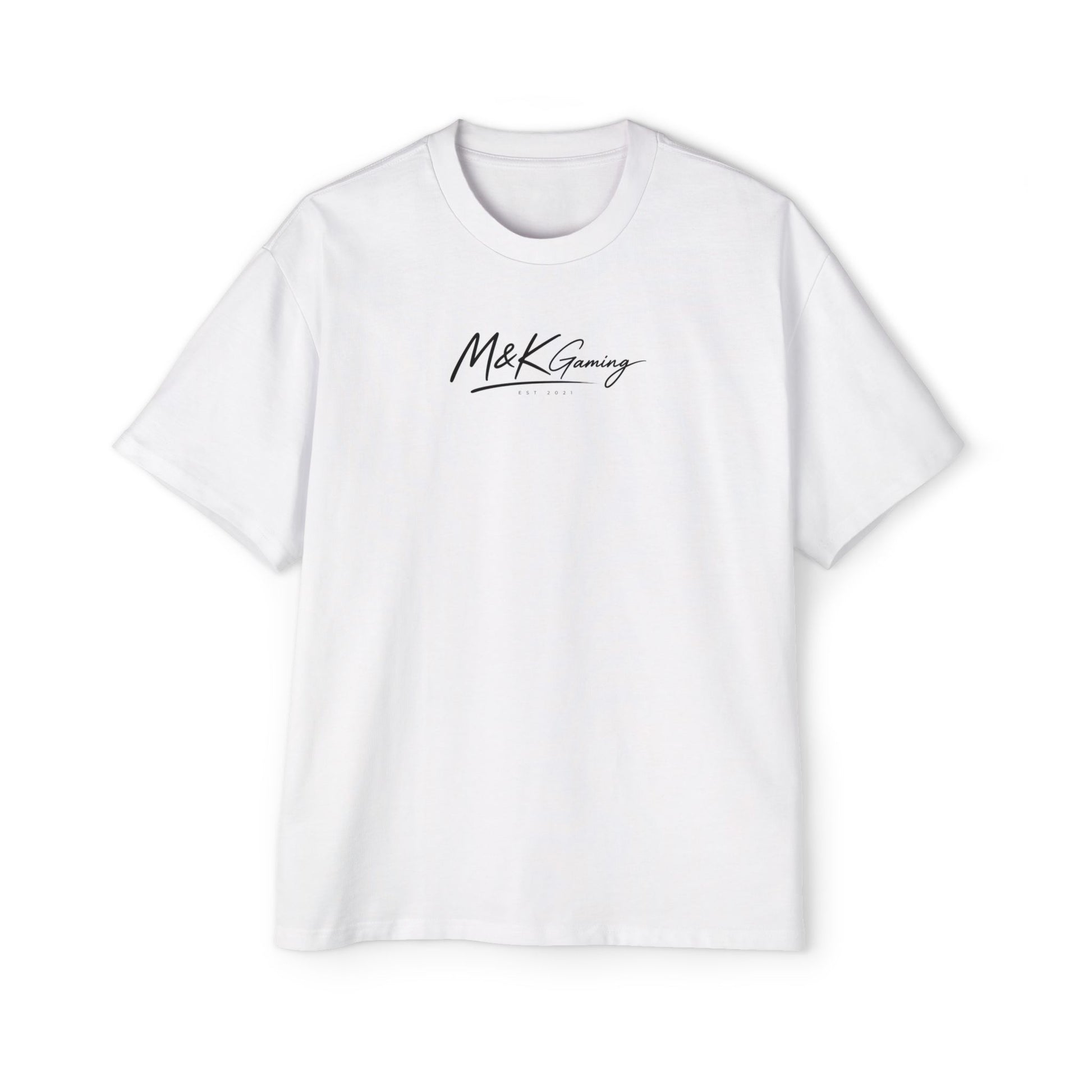 White oversized Mouse & Key gaming t-shirt with minimalist white M&K signature logo design