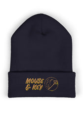 Navy embroidered Mouse & Key gaming beanie with minimalist mouse logo design