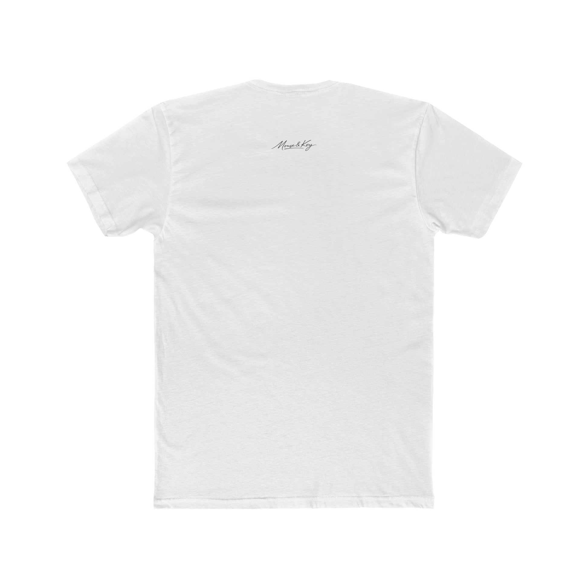 Back of White mental health awareness gaming shirt featuring “Keep Pressing Forward” graphic from the Mouse & Key Still Here Collection