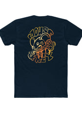 Back of midnight navy Mouse & Key gDrip gaming shirt featuring orange graffiti-style mouse graphic design