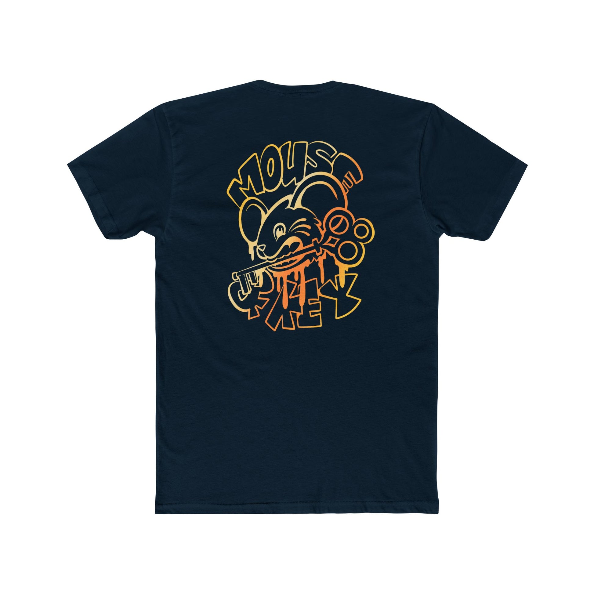 Back of midnight navy Mouse & Key gDrip gaming shirt featuring orange graffiti-style mouse graphic design