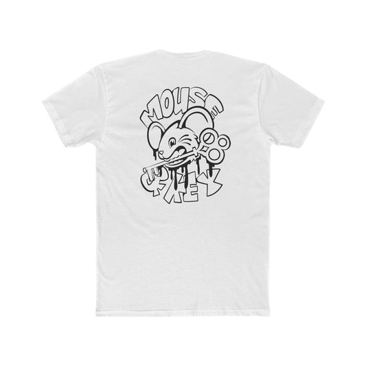 Back of white Mouse & Key bDrip gaming shirt featuring black graffiti-style mouse graphic design