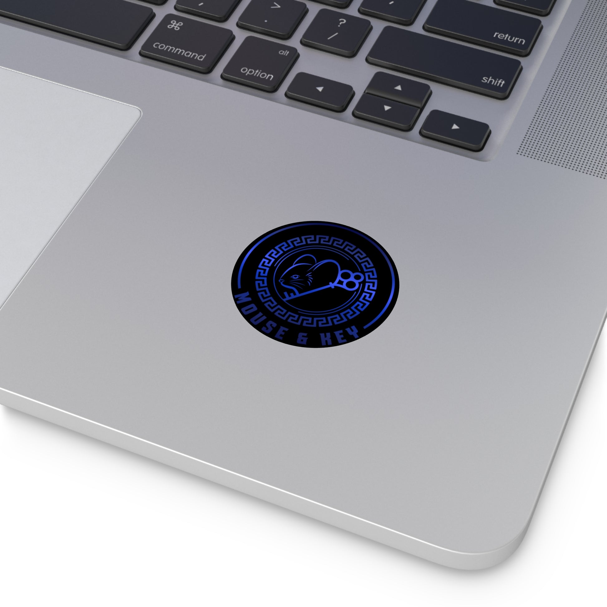 Autocollant rond en vinyle souris et clé — Emblème bleu