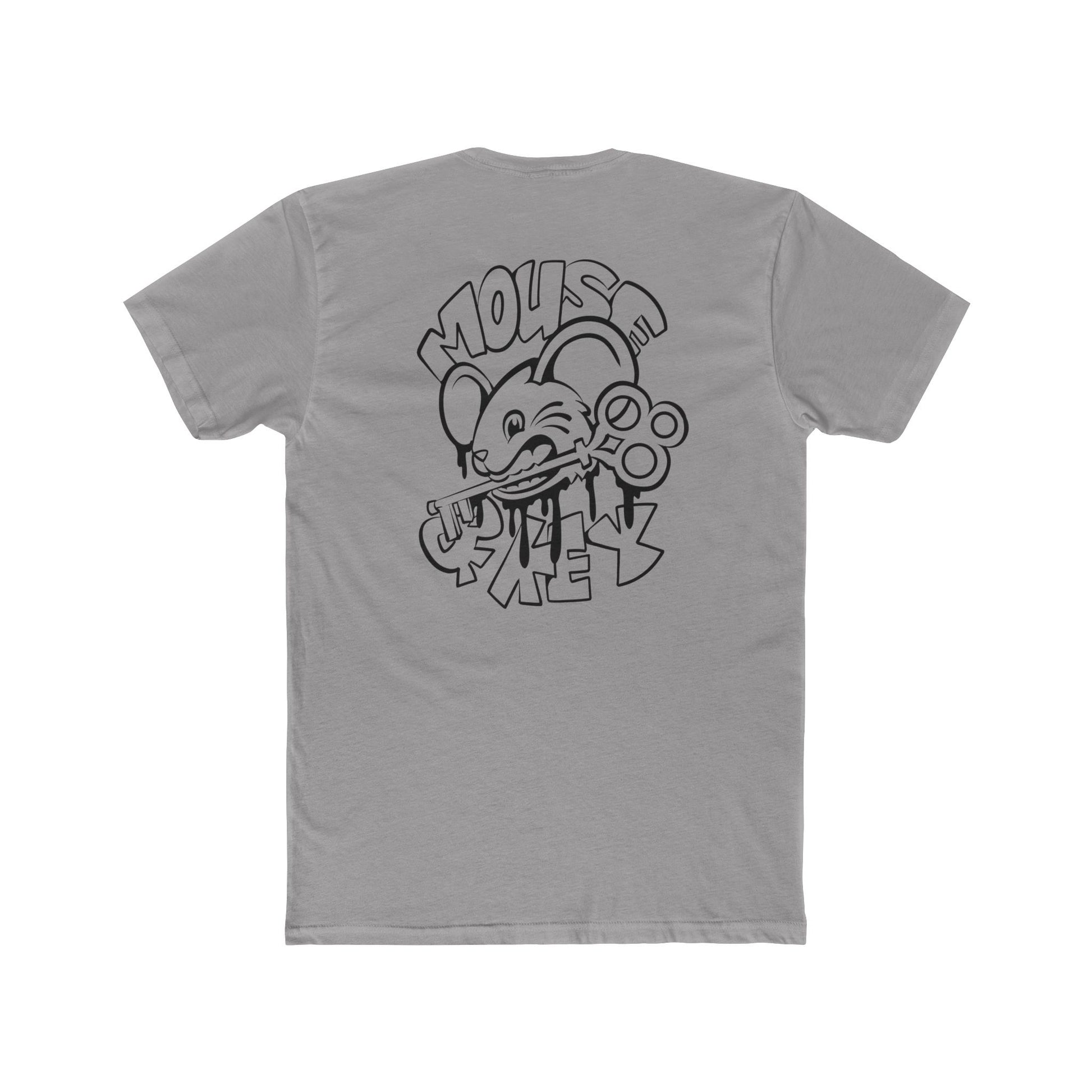 Back of light grey Mouse & Key bDrip gaming shirt featuring black graffiti-style mouse graphic design