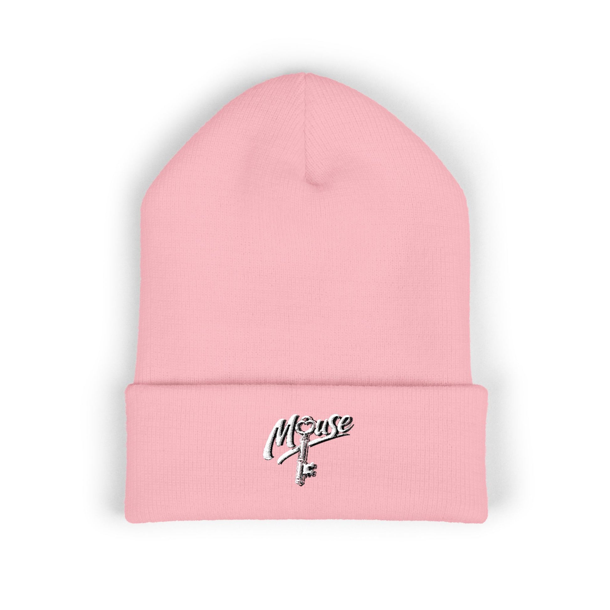 Baby Pink embroidered Mouse & O-Key gaming beanie with minimalist logo design