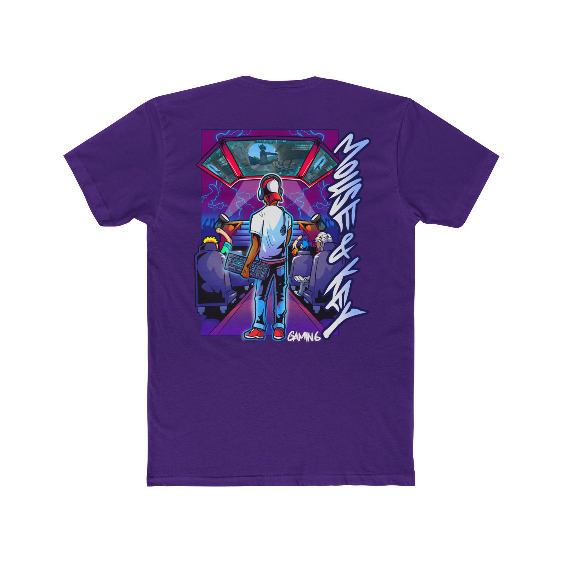 Back of purple Mouse & Key LAN gaming t-shirt featuring retro LAN party gamer graphic artwork