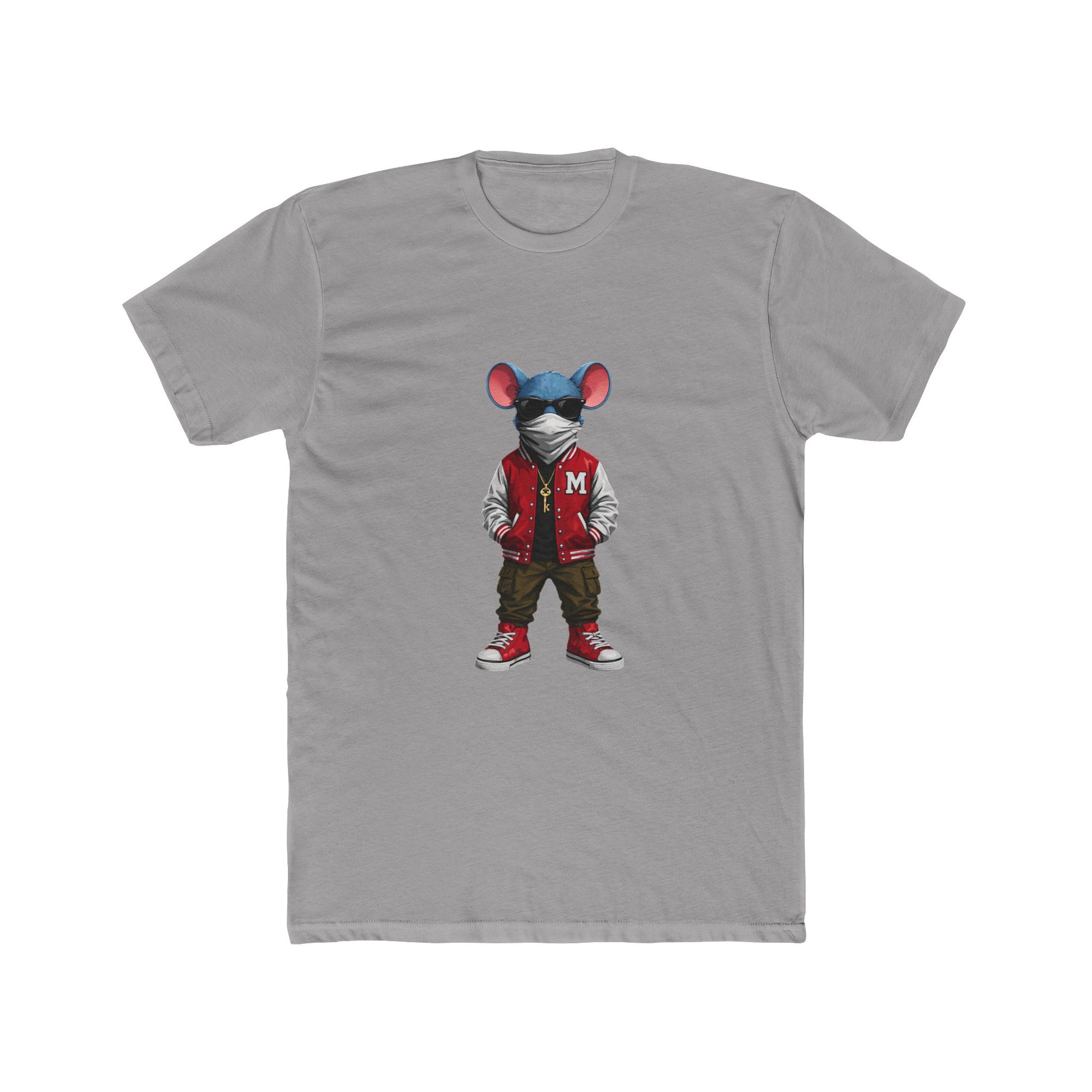 Front of grey Mouse & Key Varsity gaming t-shirt featuring varsity mouse character graphic design