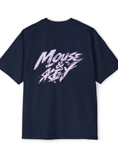 Back view of navy blue gaming t-shirt featuring purple and white Mouse & Key brush-stroke logo artwork
