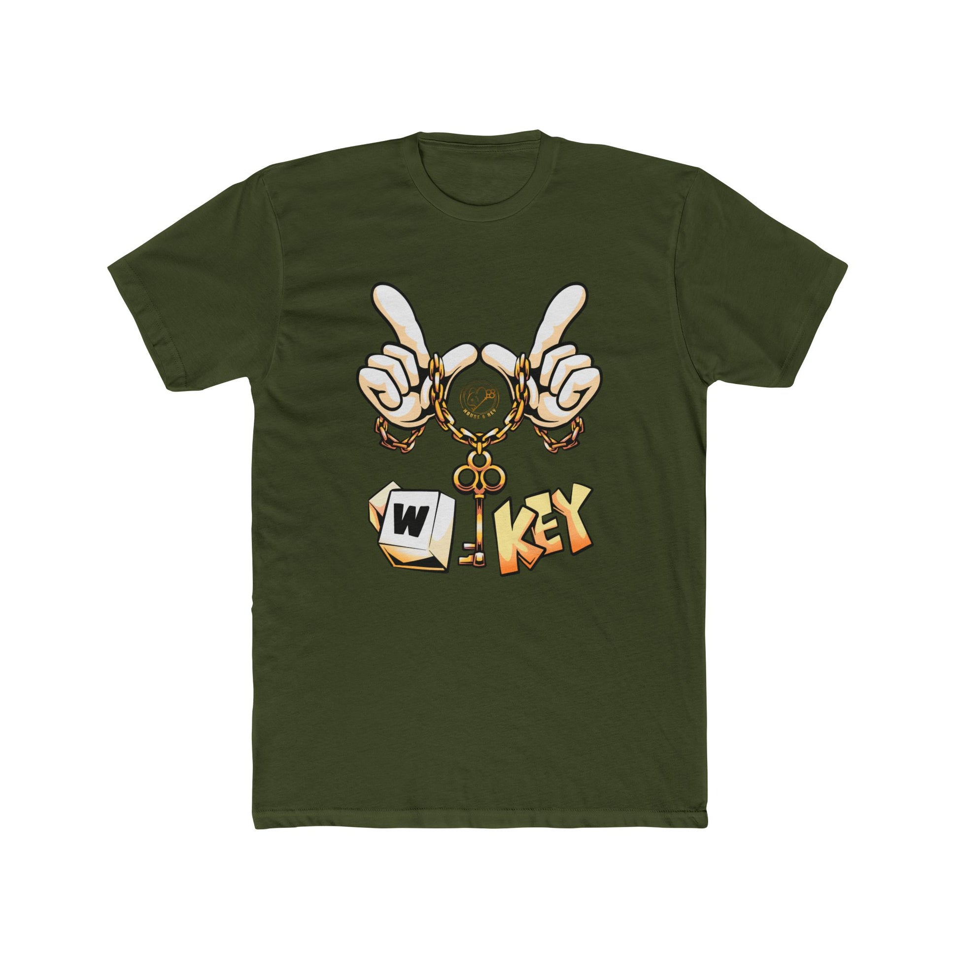 Front of military green W-Key gaming t-shirt symbolizing moving forward in gaming and life