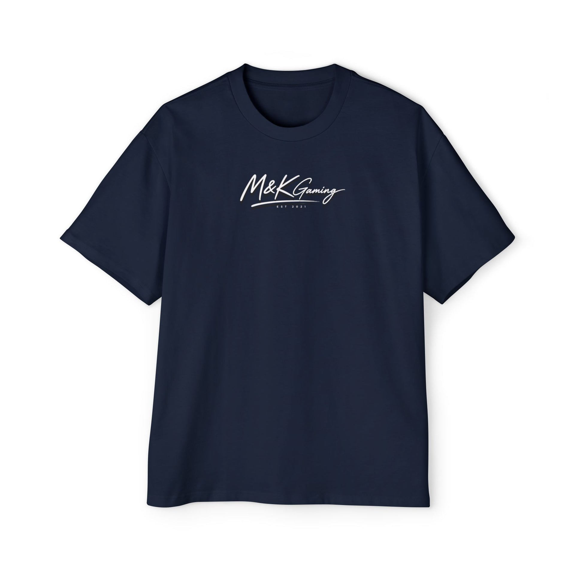 Navy oversized Mouse & Key gaming t-shirt with minimalist white M&K signature logo design