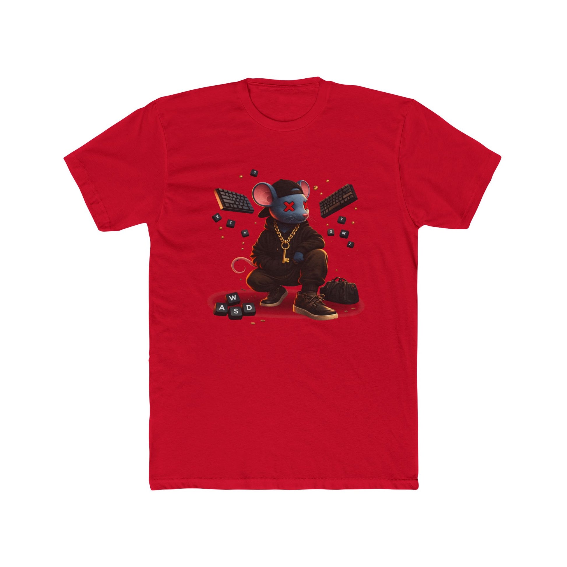 Front of red Mouse Streetwear gaming t-shirt featuring mouse character graphic with WASD keys and keyboard artwork