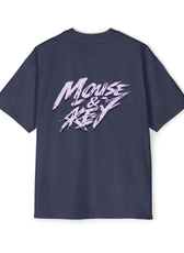 Back view of midnight blue gaming t-shirt featuring purple and white Mouse & Key brush-stroke logo artwork