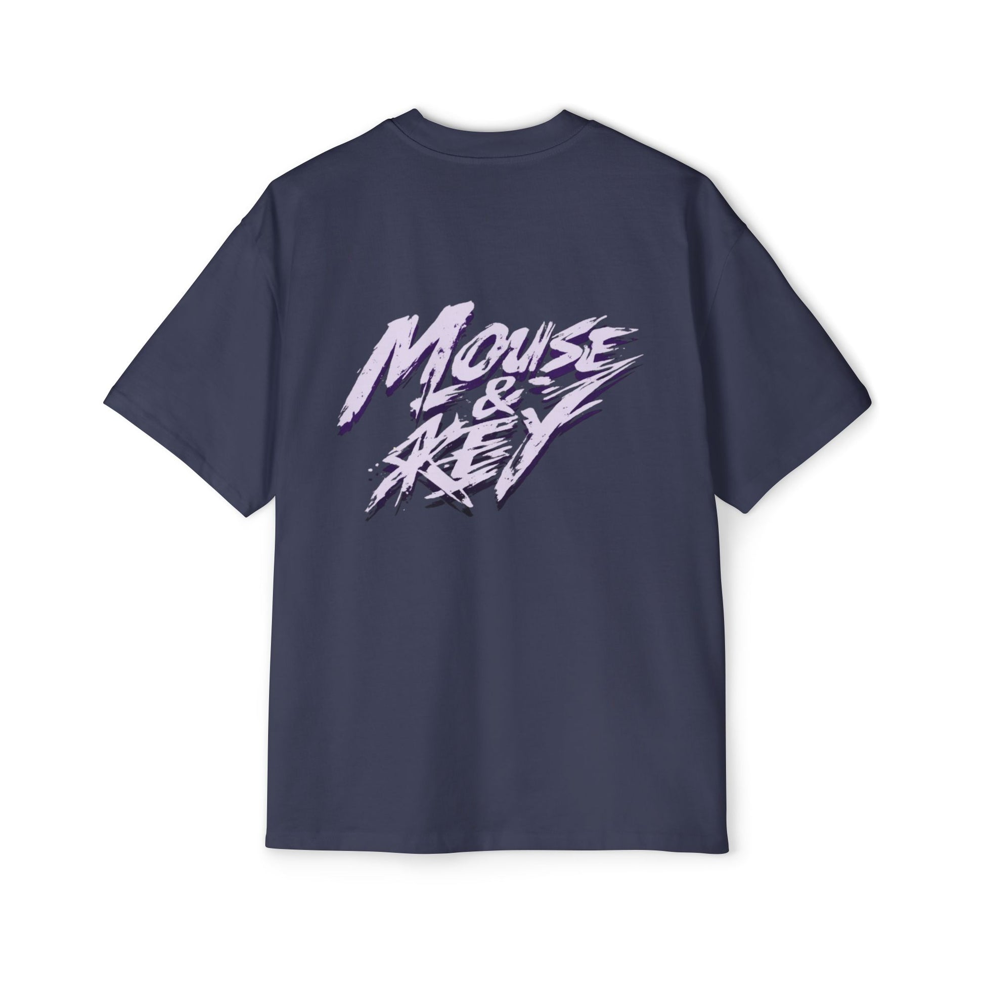 Back view of midnight blue gaming t-shirt featuring purple and white Mouse & Key brush-stroke logo artwork