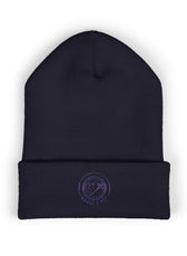 Navy embroidered Mouse & Key Blue Emblem gaming beanie with minimalist circular logo design