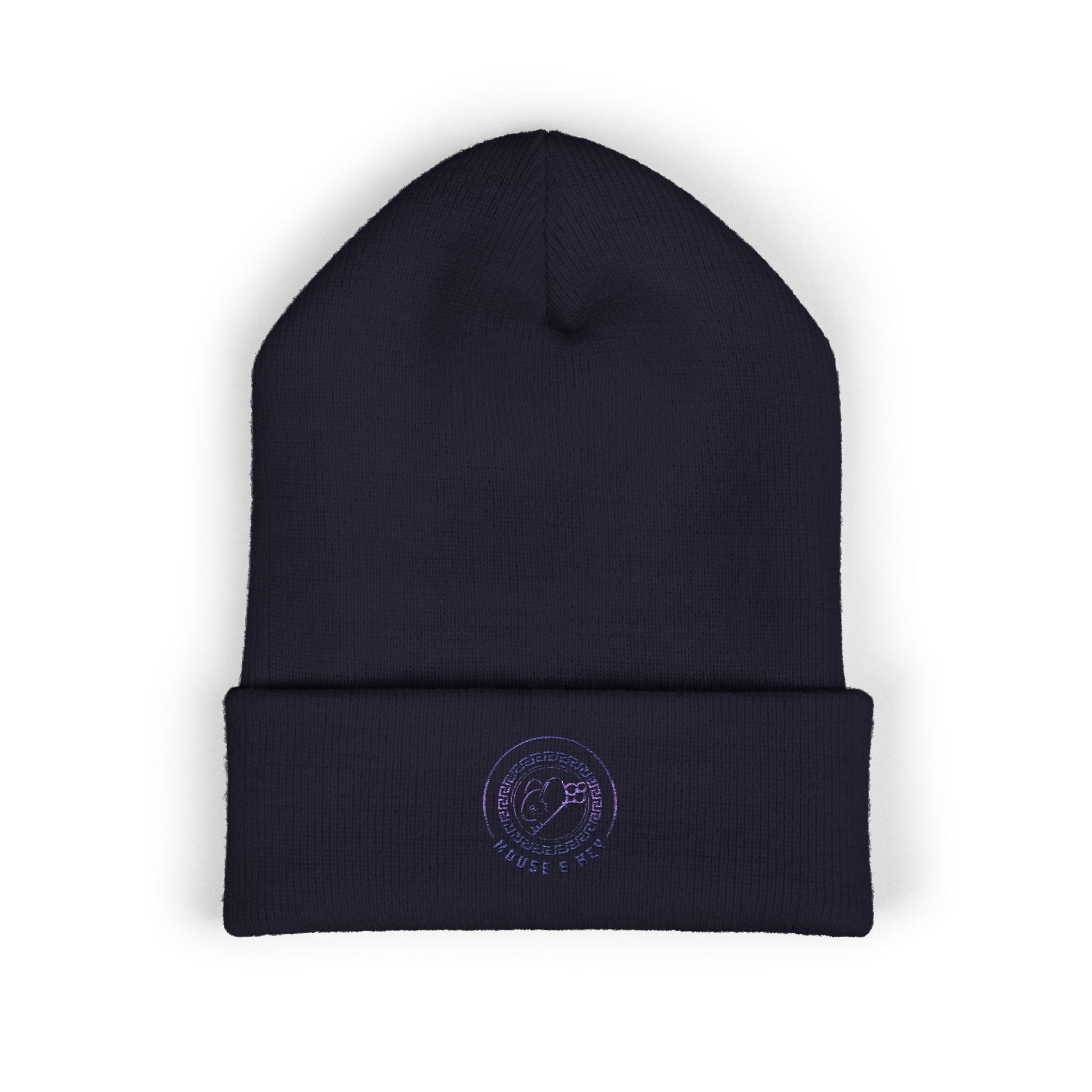 Navy embroidered Mouse & Key Blue Emblem gaming beanie with minimalist circular logo design