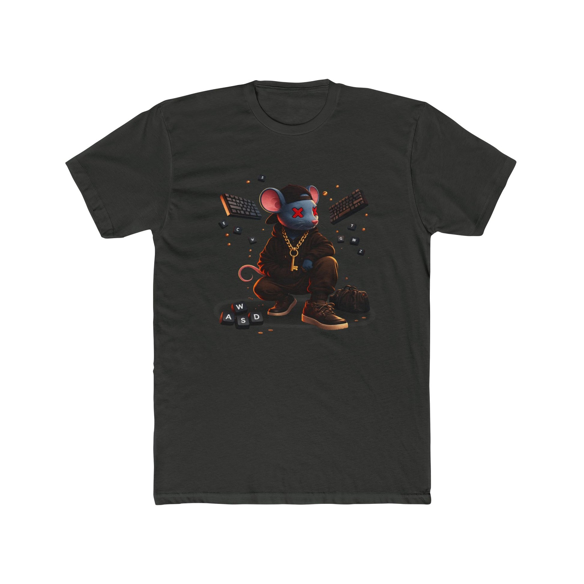 Front of heavy metal Mouse Streetwear gaming t-shirt featuring mouse character graphic with WASD keys and keyboard artwork