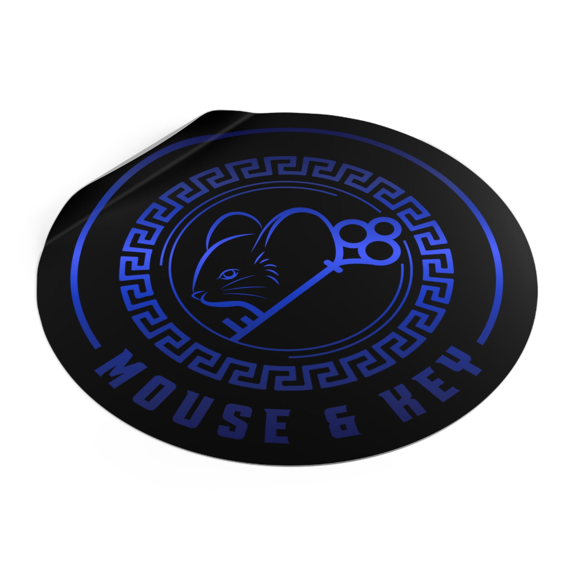 Autocollant rond en vinyle souris et clé — Emblème bleu