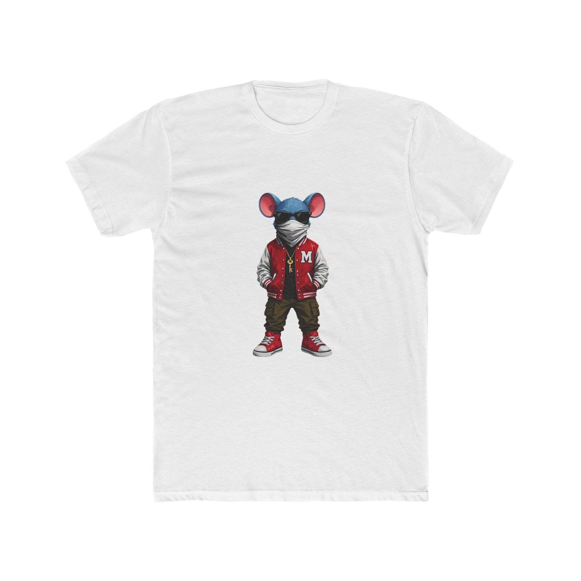 Front of white Mouse & Key Varsity gaming t-shirt featuring varsity mouse character graphic design